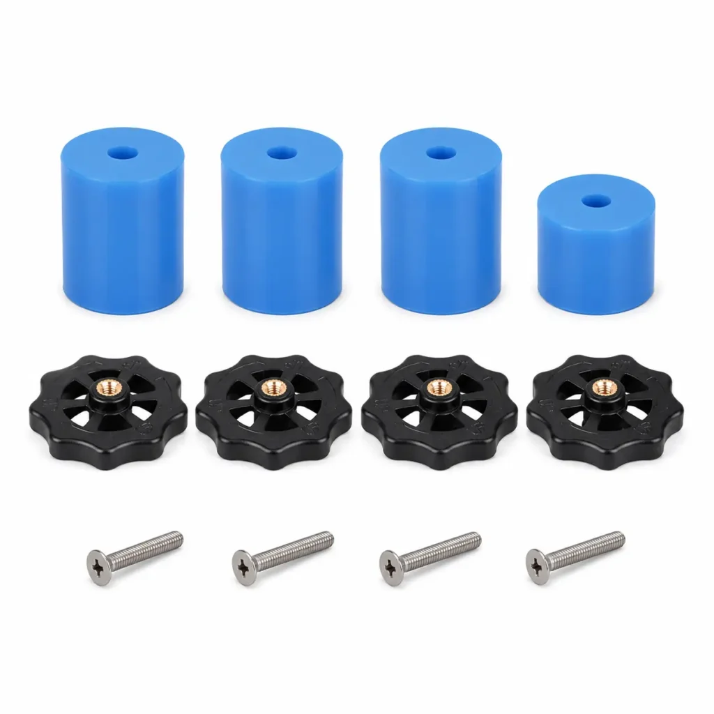 3D printer bed leveling silicone spacers with three tall spacers, one short spacer, leveling knobs and screws