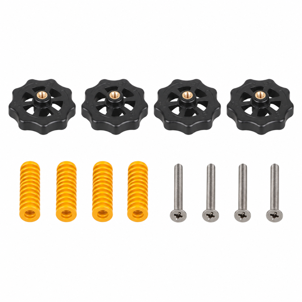3D printer bed leveling springs, leveling knobs and screws for heated bed platform adjustment
