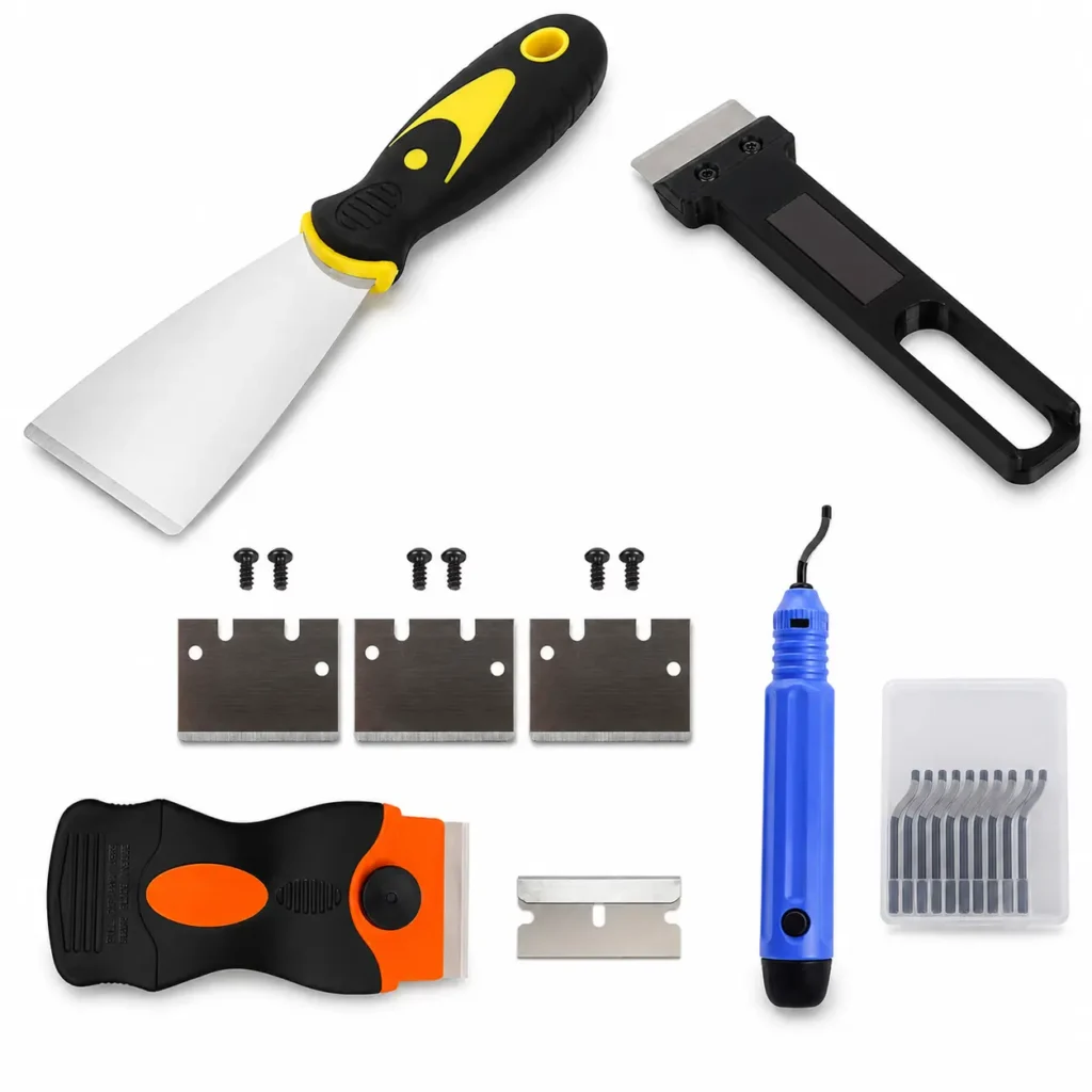 3D printer bed scraper, deburring tool and replacement blade kit for build plate cleaning and print removal