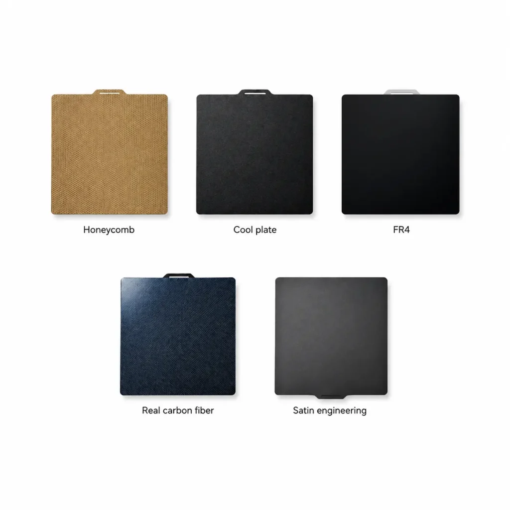 spring steel build plate surface options including honeycomb, cool plate, FR4, real carbon fiber, and satin engineering for 3d printer