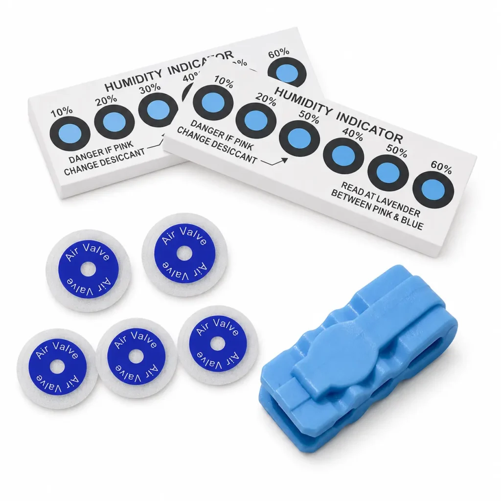 3D printer filament storage bag accessories with humidity indicator cards, air valve stickers and blue sealing clip