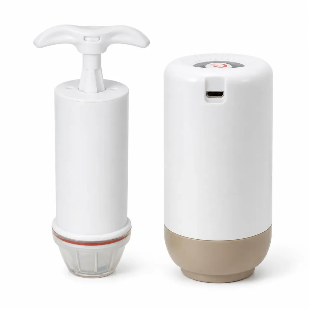 Manual and electric vacuum pumps for 3D printer filament storage bags