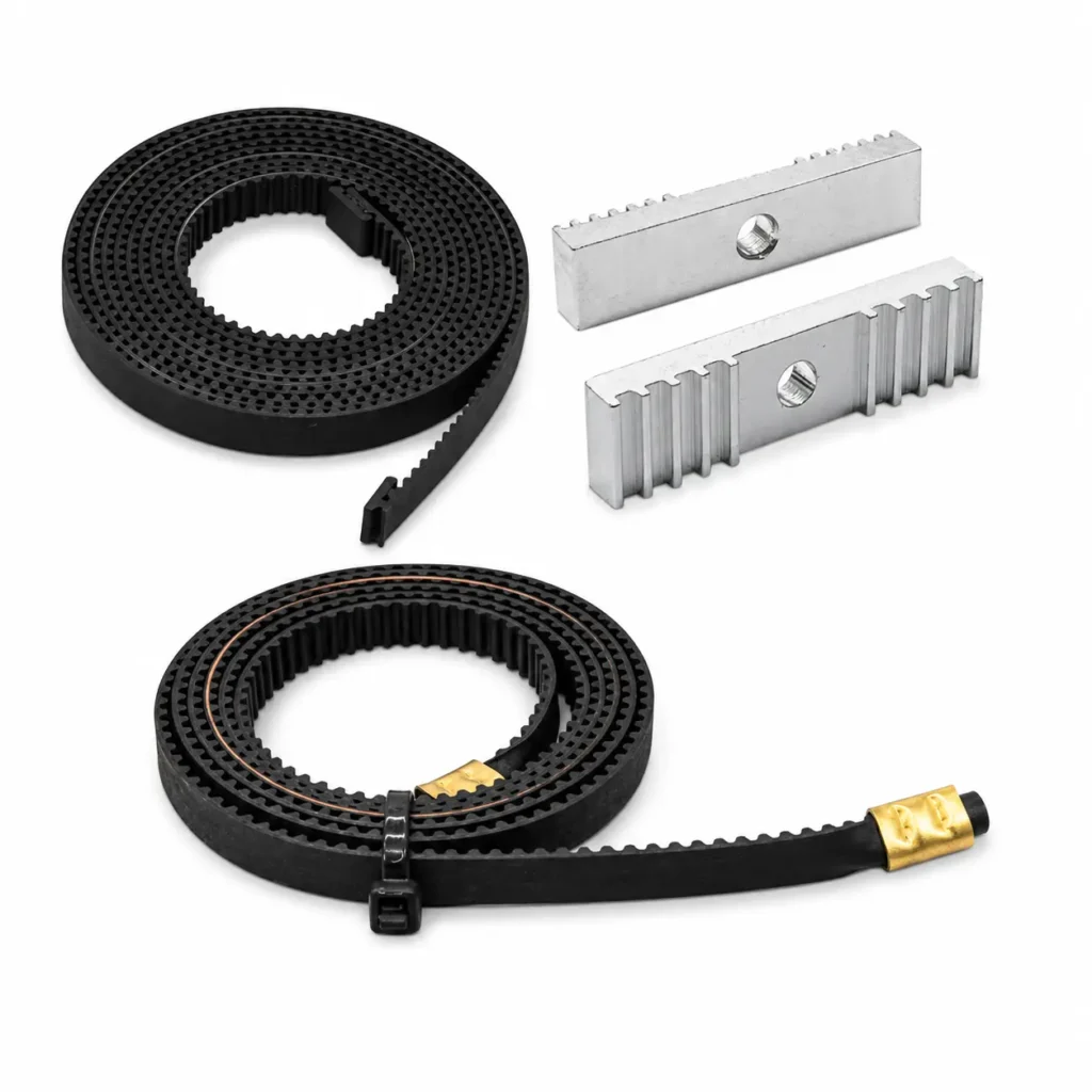 GT2 timing belt with copper buckle ends and belt clamp blocks for 3D printer motion system