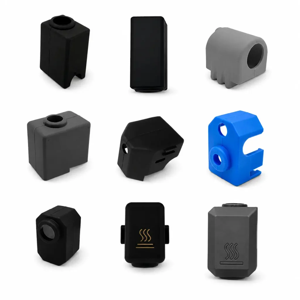 Assorted 3D printer hotend silicone socks and heater block covers for different hotend and heater block styles