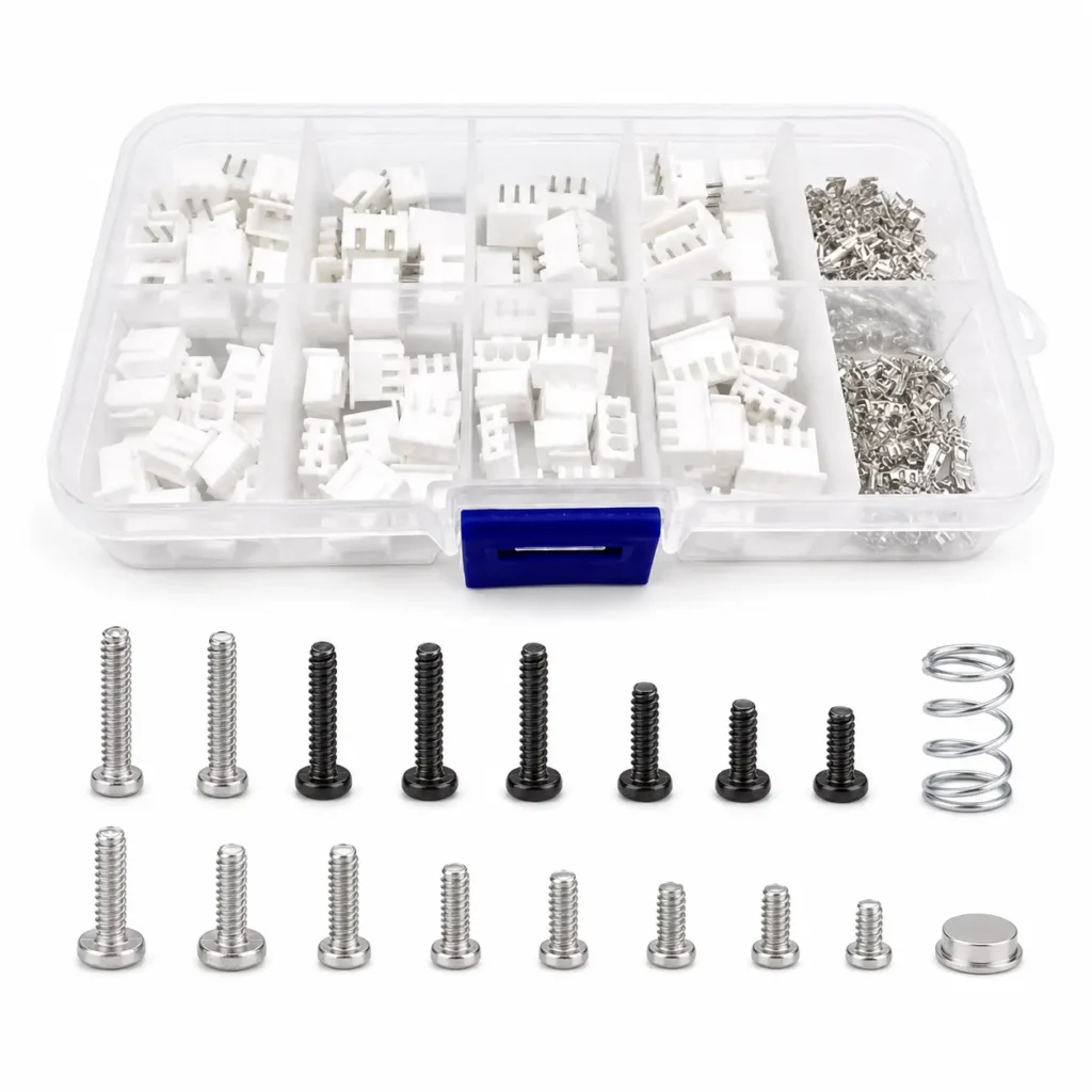 A1/A1 Mini AMS-Lite 3D printer connector and hardware kit with assorted white wire connector housings, metal crimp terminals, black screws, silver screws, a coil spring, and small metal cap