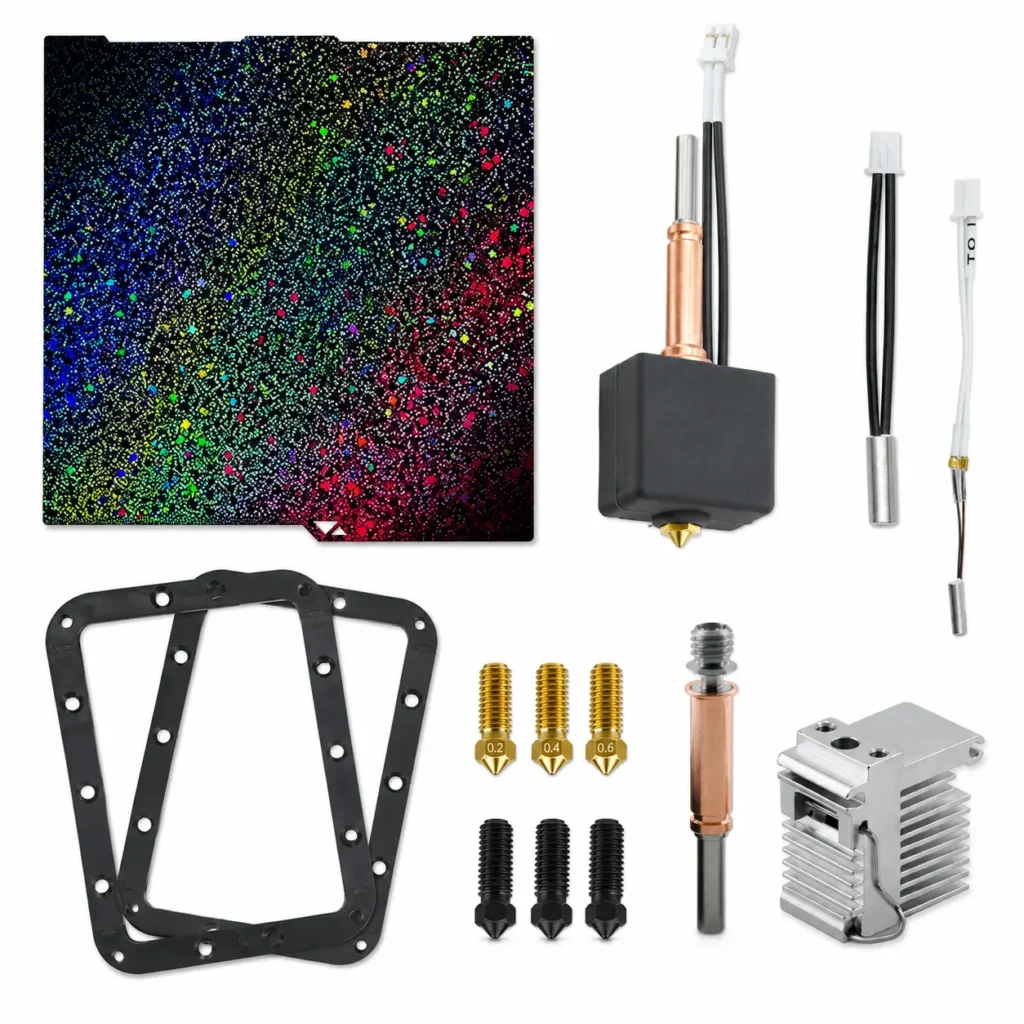 Anycubic compatible 3D printer parts including holographic build plate, hotend kit, gasket frames, heater cartridge, thermistor and nozzles