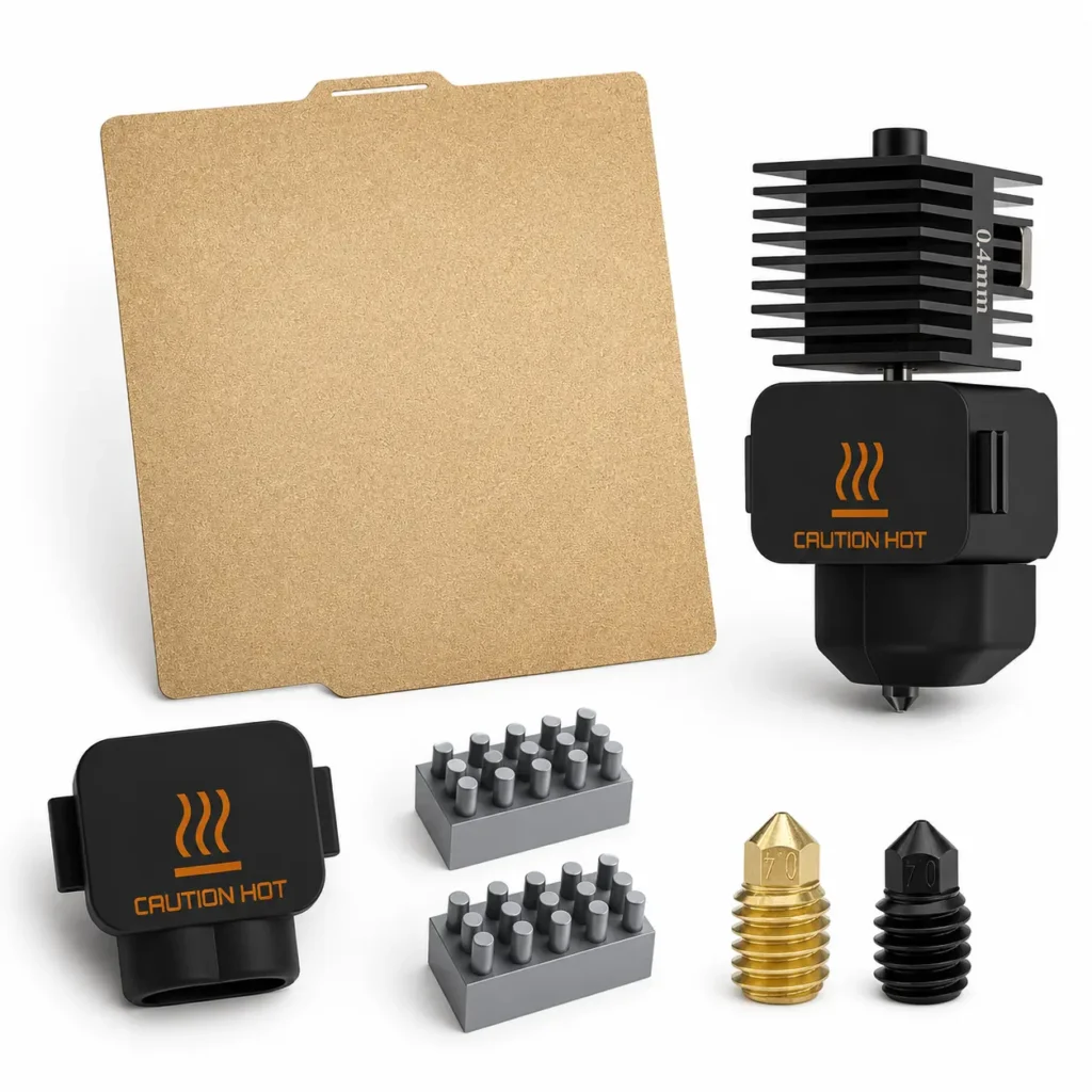 Bambu compatible 3D printer parts including hotend assembly, textured build plate, silicone sock and replacement nozzles