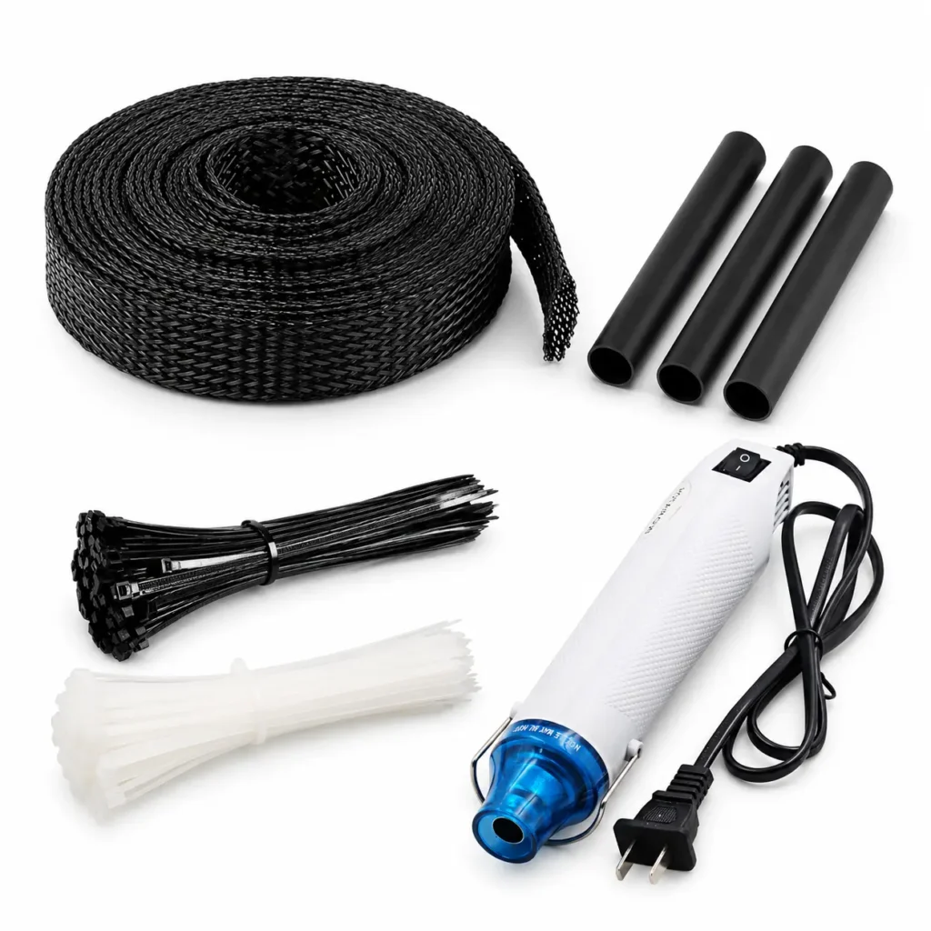 3D printer cable management and heat shrink tools kit with braided cable sleeve, heat shrink tubing, black and white zip ties, and handheld heat gun