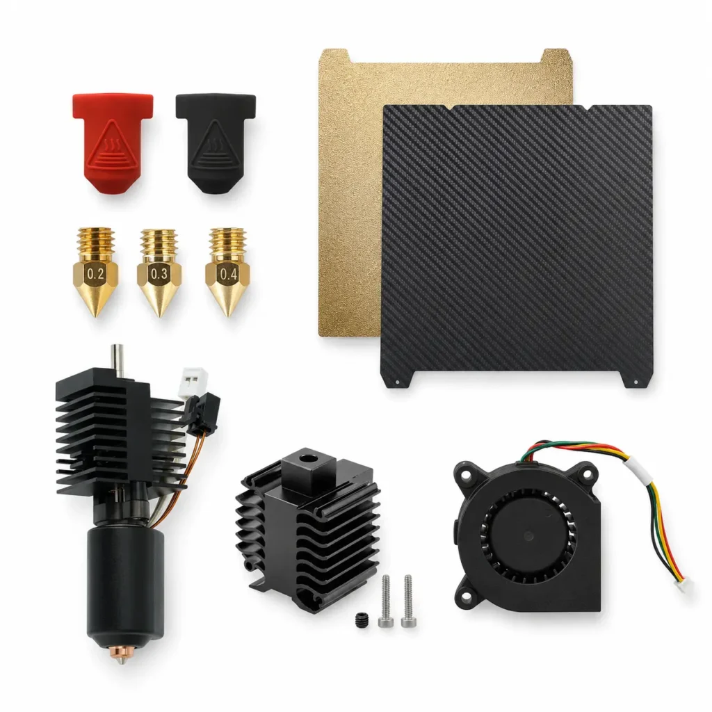 Creality compatible 3D printer parts including hotend assembly, build plate, cooling fan, silicone socks, heatsink and nozzles