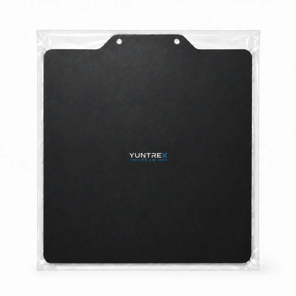 Textured 3D printer build plate with custom logo in clear protective bag