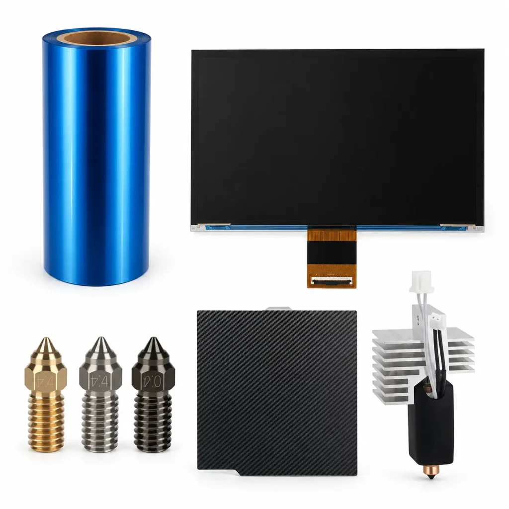 Elegoo 3D printer replacement parts kit with LCD screen, blue FEP film, nozzles, carbon fiber build plate and hotend assembly
