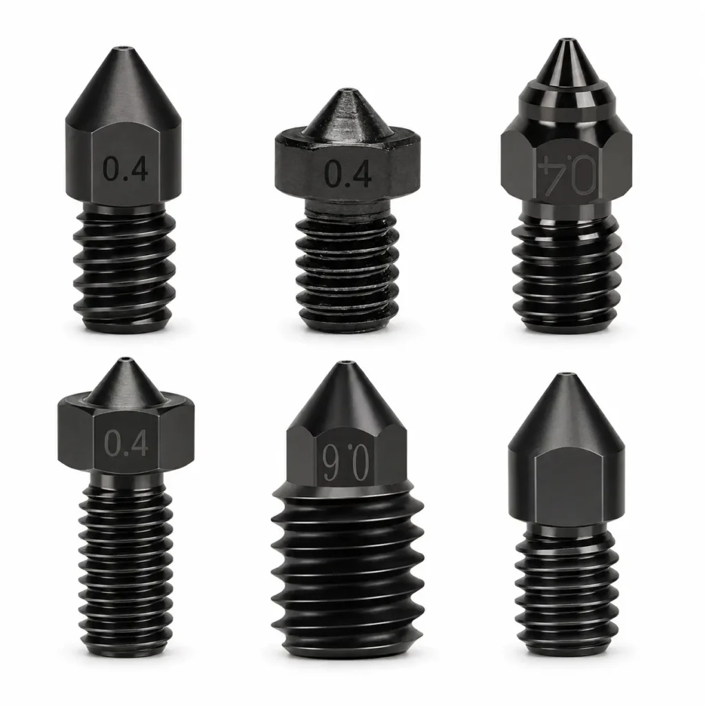 Hardened steel 3D printer nozzles set in different sizes
