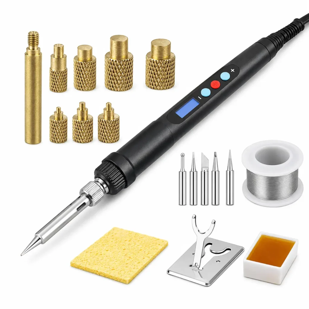Soldering iron kit with digital soldering pen, brass adapters, interchangeable soldering tips, solder wire spool, cleaning sponge, flux block, and metal stand