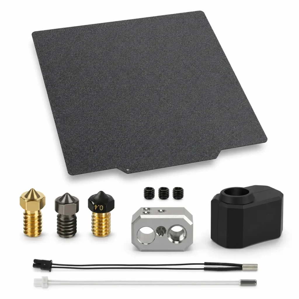 Prusa and Voron compatible 3D printer parts kit with spring steel build plate, brass and steel nozzles, heater block, silicone sock, set screws, and thermistor wires