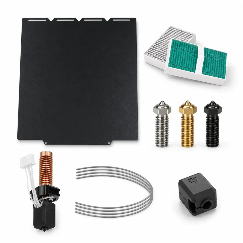 QIDI, Flashforge and Snapmaker compatible 3D printer parts kit with build plate, air filter, nozzles, hotend assembly, cleaning rods and silicone sock
