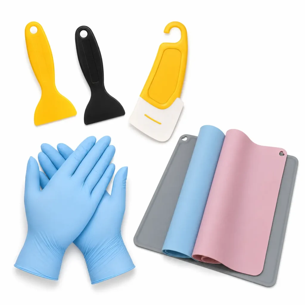 Resin printer cleaning tools with plastic scrapers, nitrile gloves and silicone mats