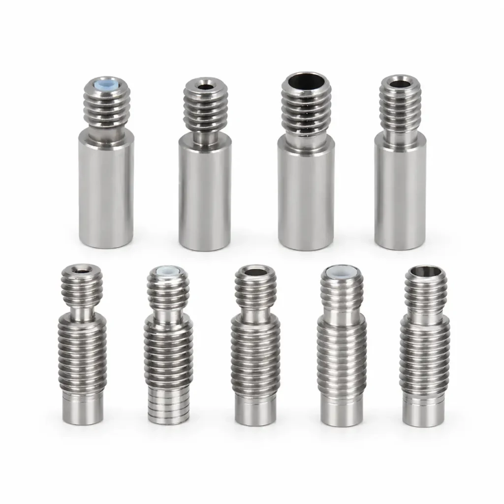Stainless steel heatbreaks for 3D printer hotend, threaded throat tubes with multiple bore sizes