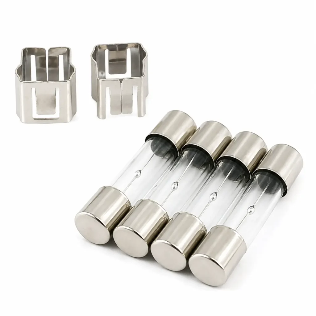 Thermal safety accessories including glass fuses and metal retaining clips for heated bed and hotend service